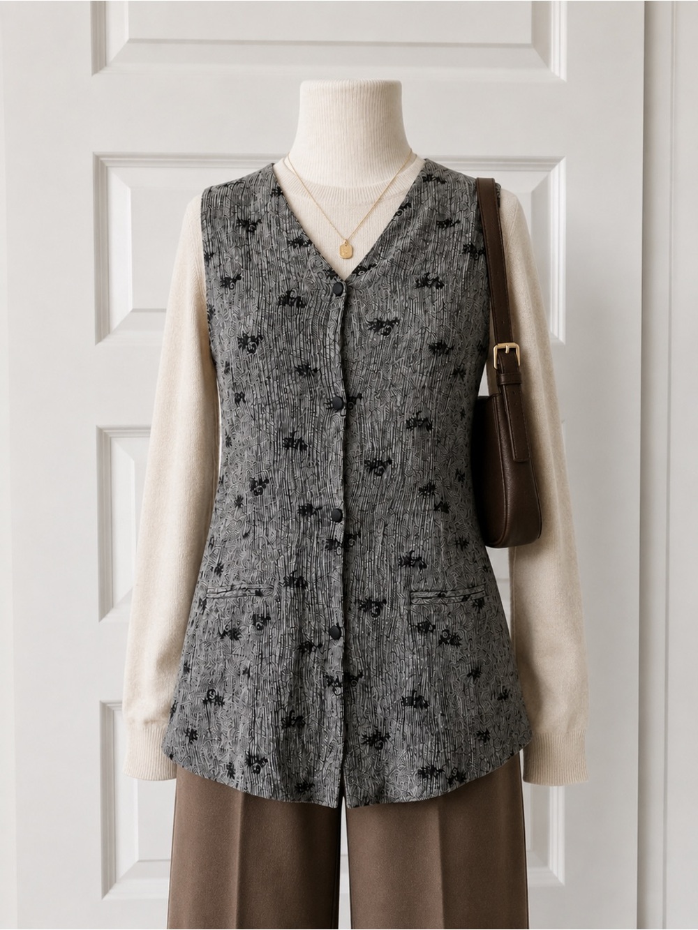 Vintage Passports of Pier 1 Imports Black & Gray Jacquard Long Vest Size M